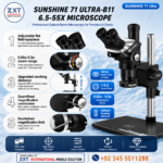Sunshine 71 Ultra-B11 6.5-55X Trinocular Microscope with Big Base for Mobile Repair | Continuous & Fixed Zoom