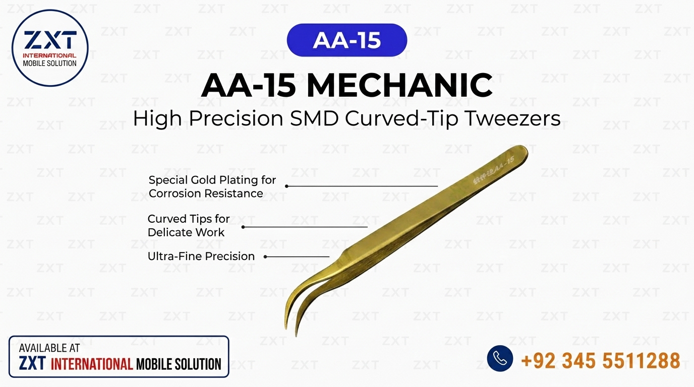 Tweezers_with_branding_and_contact_202606180132 Category: Tool's Box, Tweezers, Screwdrivers, Pliers AA-15 MECHANIC High Precision SMD Curved Tweezers - Image 1