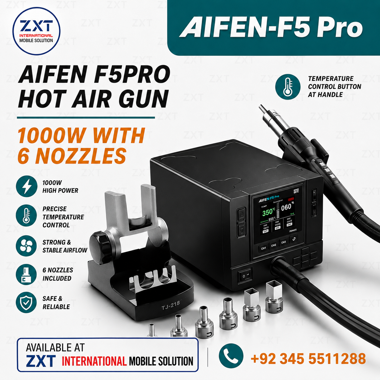 Aifen F5 Pro 1000W Digital Display Hot Air Gun BGA Rework Station with 6 Nozzles - Image 1